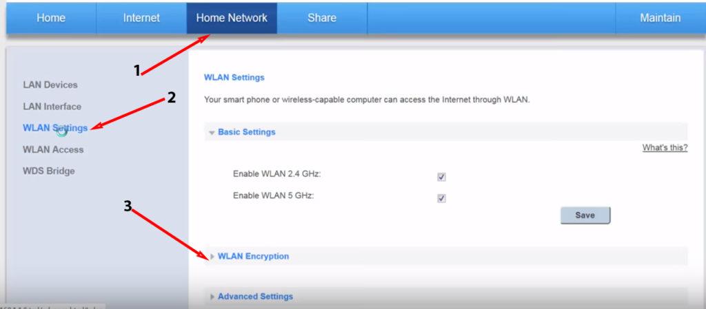 إضغط على Home Network ثم على WLAN Settings.