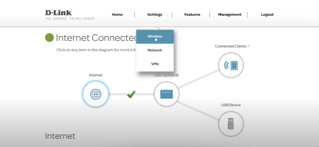 إضغط على Settings من القائمة العلوية ثم إختر Wireless