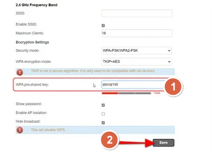 غير الباسورد من خلال حقل WPA pre-shared key لتغيير باسورد واي فاي 