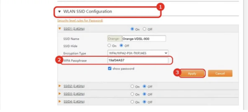 اتجه لأسفل ثم اضغط على WLAN SSID Configuration ، في خانة WPA Passphrase، أدخل كلمة المرور الجديدة.