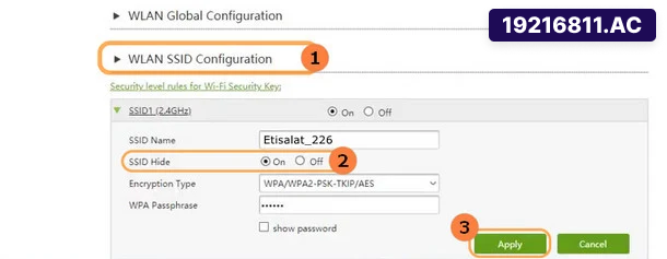 لتفعيل إخفاء الشبكة، قم بتفعيل خيار SSID Hide.